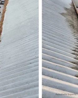 A photo of a cleared gutter along a metal shed in Austin, TX—completely free of debris and fully cleared for smooth water flow!