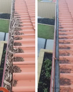 A striking before-and-after shot of two gutters in Austin, TX—one completely clogged with debris and the other spotless after our professional cleaning!